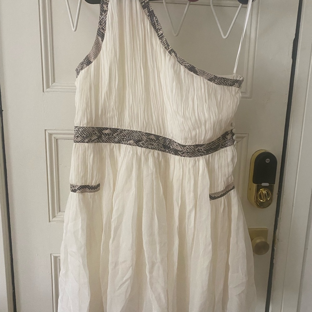 Diane Von Furstenberg One-Shoulder White Dress with faux python Trim - size 14